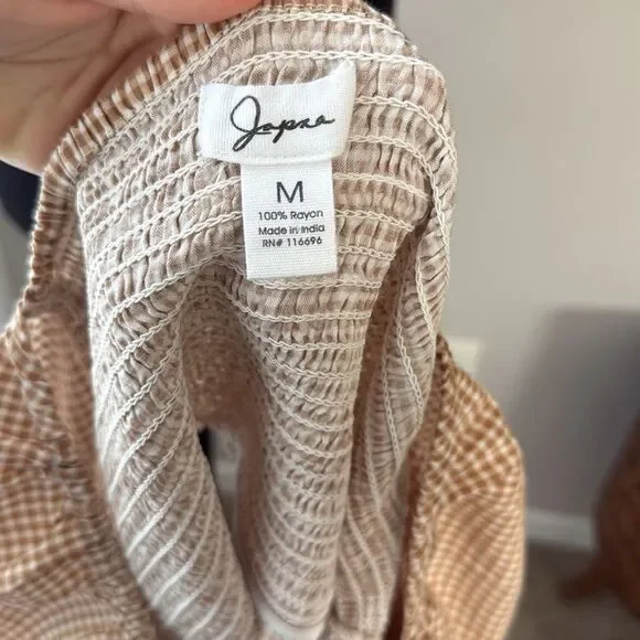 Japna Cropped Long Sleeve Crop Top Checkered Brown and White Ruched Blouse - Picture 5 of 5